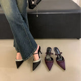 Winter New Pointed Purple Thin Heel High Mouth Water Drill With Silk Sat Sandals Half-Dragging