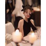 Zingj Style Black Evening Dress High-End Light Luxury Small Toast Bow Fishtail Hanging Neck Velvet