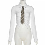 Zingj 2023 New Women's Solid Color Slim Crop Fashion Irregular Lapel Shirt-Outfit