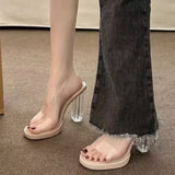 Summer Large-Size Transparent Crystal High-Heeled Shoes Women's New Water Drill Outside Wearing Cool Slippers Pu Net