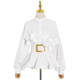 Zingj All-Match Shirt Female Spring 2024 New Standing Collar Long Sleeve Pleated Flounces Careful Machine Lace