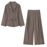 Women's Clothing Explosion Fashion Stripe With Cushioned Shoulder Belt Suit + Double Trousers