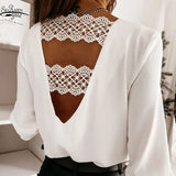 Lace Stitching Shirt Fashion Sexy Spring and Autumn Long-sleeve Shirt V-neck Chic Back Korean Office White Blouse