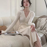 Women Autumn Spring Sweater Knitted Bandge Dresses Female Fashion Elegant Long Sleeve