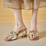 Word Drag Flower Decoration Coarse And Cool Slippers Women's Summer Fashion Tadge Height And Korean Version Of The Square Head Women's