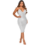 Zingj New Pure Color Sequins Sexy Halter V Collar Dress Dress