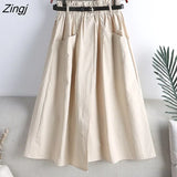 2021 Fashion Autumn Cotton Midi Skirt Women Korean Style Green Mid-Length High Waist A Line Skirt Female With