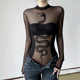 Velvet Snake-Print Sexy Perspective Mesh Yarn Laming Small Babes Half-High Collar Elastic Long-Sleeved