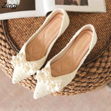 Green Soft Pointed Toe Flat Shoes Women Ballet Shoes 2023 Spring New Pearl Bow Korean Ladies OL Office