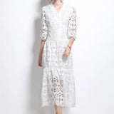 Women's Dress 2025 Winter New French Retro Hollow Hooks Waist Lantern Sleeve Long