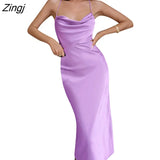 Women Summer Tie-up Sleeveless Backless Dress Fashion Solid Color Satin Cross Strap Long Dress