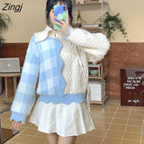Japanese Soft Milk Sweet Blue Plaid Wind Color Contrast Sweater V-neck And Lapel Knitted Cardigan Pullover Girlfriends
