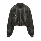 Temperament Casual Spring New Retro Collar Locomotive PU Imitation Leather Bomber Jacket