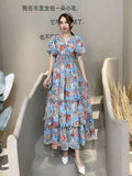 Short-Sleeved Chiffon Print Big Swing 100 Fold Design Dress A-Dress Loose Waist With Inner Lining Dress