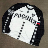 Retro Flag Aesthetic Long-Sleeved Jersey T-Shirt Y2k Loose Sports High Street Collar