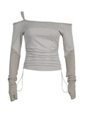 Off Shoulder Solid Crop Top Women Chic Side Drawstring Bandage Long Sleeve T Shirt y2k Stitched Fall Clothing
