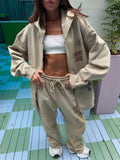 Street Style Old Print Zip-Up Hoodie Sports Suit Women Loose Comfortable Street Out Of The