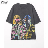 Women Fashion Front Contrast Color Patchwork Beauty Print Casual T Shirt Female Short Sleeve Chic Streetwear Tops
