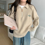 Zingj Polo Collar Half Zipper Design Jumsweater Top Women's Loose Jacket Embroidered Letters Thick Sweater-Outfit
