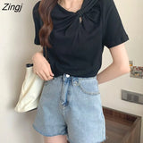 Women Short Sleeve Solid Fashion Simple Elegant Chic Sweet All-match Korean Basic Ladies Summer Ladies Cozy Casual