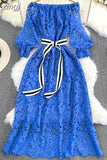 Autumn Vintage Women Hollow Out Lace Party Dress Sexy Slash Neck Off Shoulder Lantern Sleeve High Waist Vestidos 2023