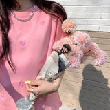 Zingj T-Shirt Women 2024 Summer Dress New Foreign Style Round Collar Love Embroidery Loose Korean Jacket Women's