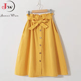 Women Casual Cotton Skirts 2023 Spring Summer Korean Style Solid Elegant High Waist Single-Breasted Bow Lace Up A-Line Midi