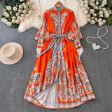 Retro High-End Lantern Long-Sleeved Print Dress Female Light Luxury Elegant Single Buckle Waist Swing