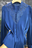 V Neck Shirts Long Sleeve Embroidery Blouse Women Hollow Out Tops Spring 2023 Office Lady Solid Loose Clothes New