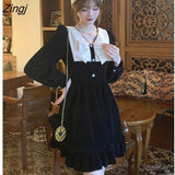 Corduroy Black Gothic Dress Women Long Sleeve A-line Elegant Party Mini Dress Sweet Bow Patchwork Kawaii Lolita