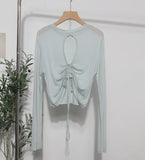 Han Shied Bare Back Drawstring Blouse Woman Summer Small Casual Wear Thin Hoodie Short-Sleeved T-Shirt