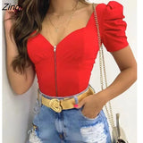 Women Short Puff Sleeve Tops Fashion Summer V Neck Solid Color Zip Up Slim Fit T-Shirts Basic Tops