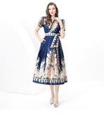 Court Dress Female Design Print Strap To The Waist Long French Bubble Sleeve Temperament Dress Dress