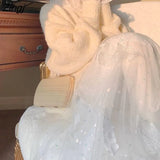 Women High Waist Spring Autumn A-Line Snow Embroidery Fairy Mesh Girlish All-match Korean Style Simple Fresh Romantic
