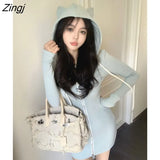 Ears Hooded Mini Dress for Women Long Sleeve Drawstring Zip Up Slim Fit Sheath Sexy Autumn Ropa Mujer Cute Vestidos