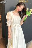 Sexy Casual Bow Square Collar Short Puff Sleeve Evening Midi Dresses for Women 2023 Summer New Maxi Dress Elegant