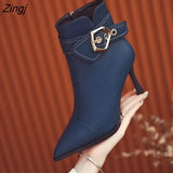 Autumn and Winter Belt Buckle Stiletto Boots Short Boots European and American Fashion High-heeled Pointed Toe Riding