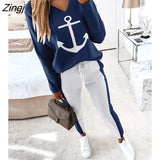 Women Fashion Elegant Casual Boat Anchor Print Long Sleeve Top & Drawstring Waist Pants Set Spring