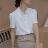 Women's Shirts Summer Pointed Neck Shirt Fashion Silk White Shirt Short Sleeve Blouse Womens Tops Elegant Female