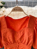 Two Piece Set Women Vintage Square Collar Short Sleeve Tops + High Waist A-Line Skirt Female Suits 2023