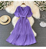New V-Neck Short-Sleeved Dress Over Knee-Repaired Lady's Waist Tie Mid-Slap