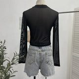 Hollow Hanging Neck Cowboy Splicing Mesh Strap With Irregular Long-Sleeved T-Shirt Short Top