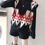 Vest Women Knitting Geometric Argyle Retro Autumn Korean Style New Ladies Sweaters Winter All-match Outwear Teens