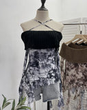 Shot Shoulder Cross Hanging Neck Knitting Mesh Yarn Coat Irregular Ribbon Horn Long-Sleeved T-Shirt