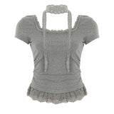 Hottie Style Solid Color Lace Splicing Short Sleeves Around The Neck Coat Folded Waist Collar Casual T-Shirt