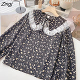 Floral Print Shirt Women Sweet Cute Peter Pan Collar Long Sleeve Laced Blouse Japanese Kawaii Lolita Tops Female
