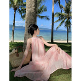 Zingj French Salt Sweet Tie Belt Hanging Neck Sleeveless Loose Long A Word Pink Tie-Dye Vest Temperament