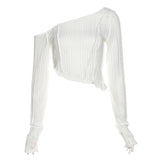 Zingj 2023 New Women's Solid Color Fashion Diagonal Shoulder Sexy Perspective Slim Wooden Ear Long Sleeve T-Shirt-Outfit