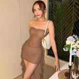 Zingj Autumn New Sexy Pure Desire All Over The Sky Star Hot Diamond Wipe Chest Ribbon Gauze Perspective Dress