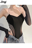Streetwear Chain Halter Black Fishnet Skinny Sexy Bodysuit Summer Backless Female Body Club Party Catsuit With